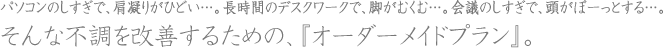 パソコンのしすぎで、肩凝りがひどい…。長時間のデスクワークで、脚がむくむ…。会議のしすぎで、頭がぼーっとする…。そんな不調を改善するための、『オーダーメイドプラン』。